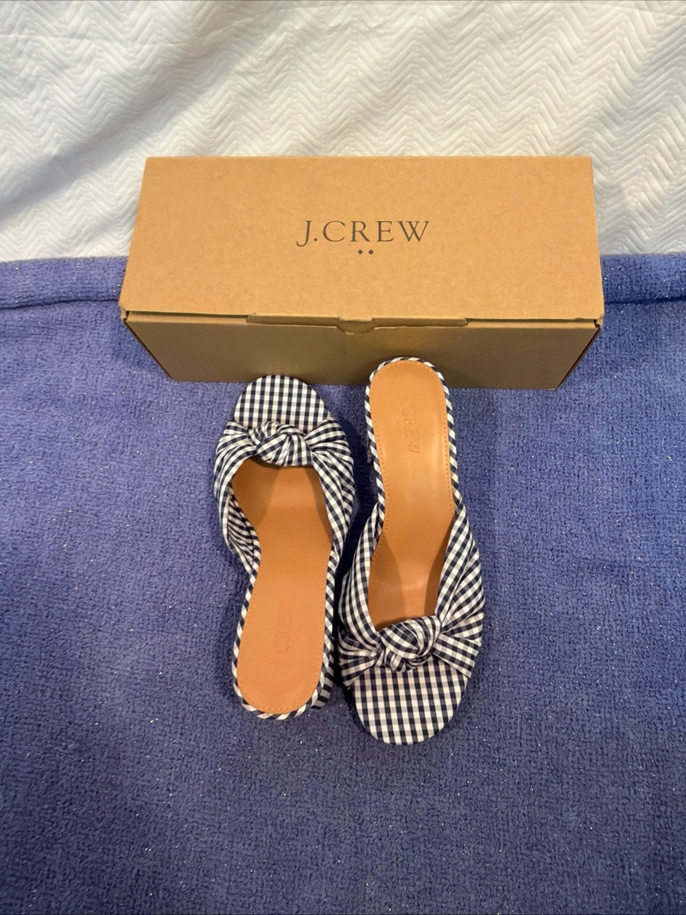 Brand New In Box J Crew Women’s Knotted Blue & White Checked Heeled Shoes Size 7